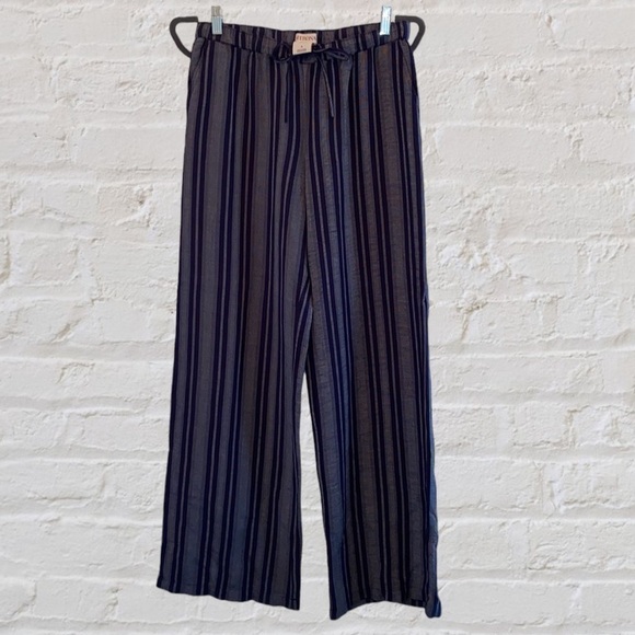Blue Linen Wide Leg Striped Higher Rise Drawstring Bohemian Pants Summer Beach - Picture 1 of 13